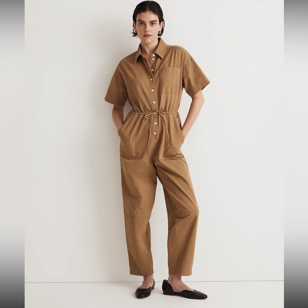 Tie Waist Short Sleeve Chino Jumpsuit